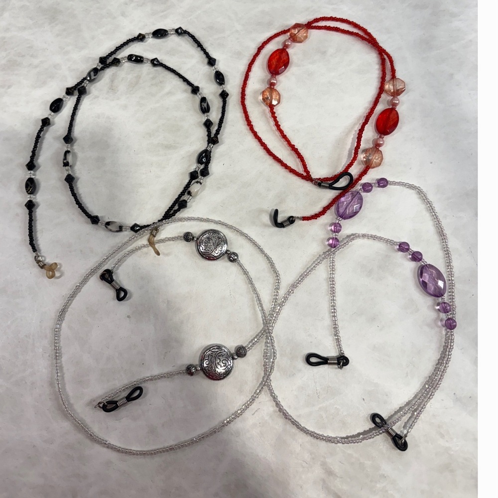 Set of 4 Beaded Eyeglass Chains Multi Color Red Purple Black Silver Tone Straps